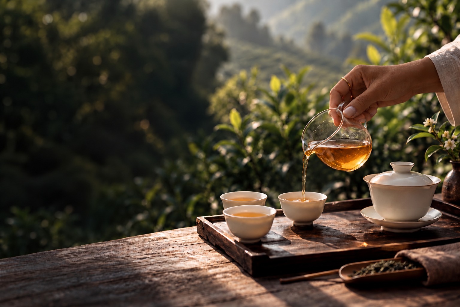 An intimate Gong Fu Cha setting with porcelain teaware and freshly poured tea